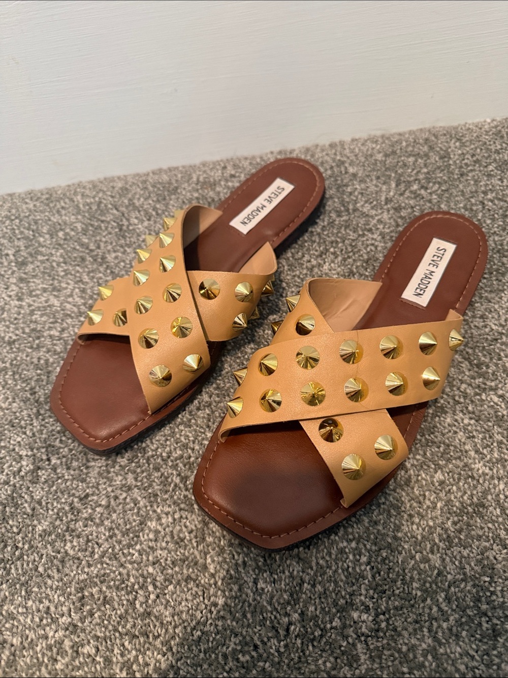 Steve Madden Tan Leather Slide Sandals with Gold Studs